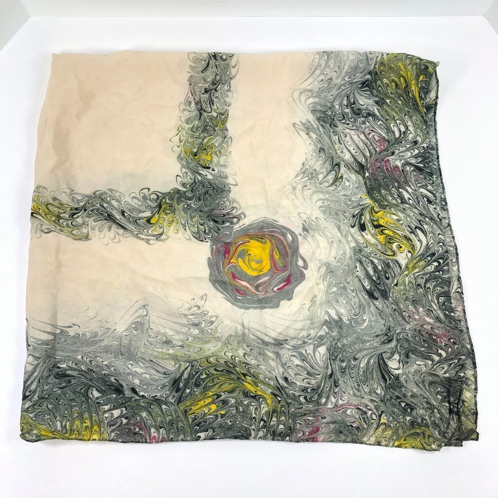 Marble Swirl Silk Scarf Hand Marbled Square Ivory Black Gray Hand Rolled Hem - Picture 3 of 7